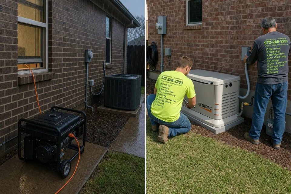 Unsafe generator hookup vs. a safe connection, Sunnyvale, TX Unsafe portable generator corded through a window in the rain beside Xtreme Air Services electricians connecting a generator safely, Sunnyvale, TX