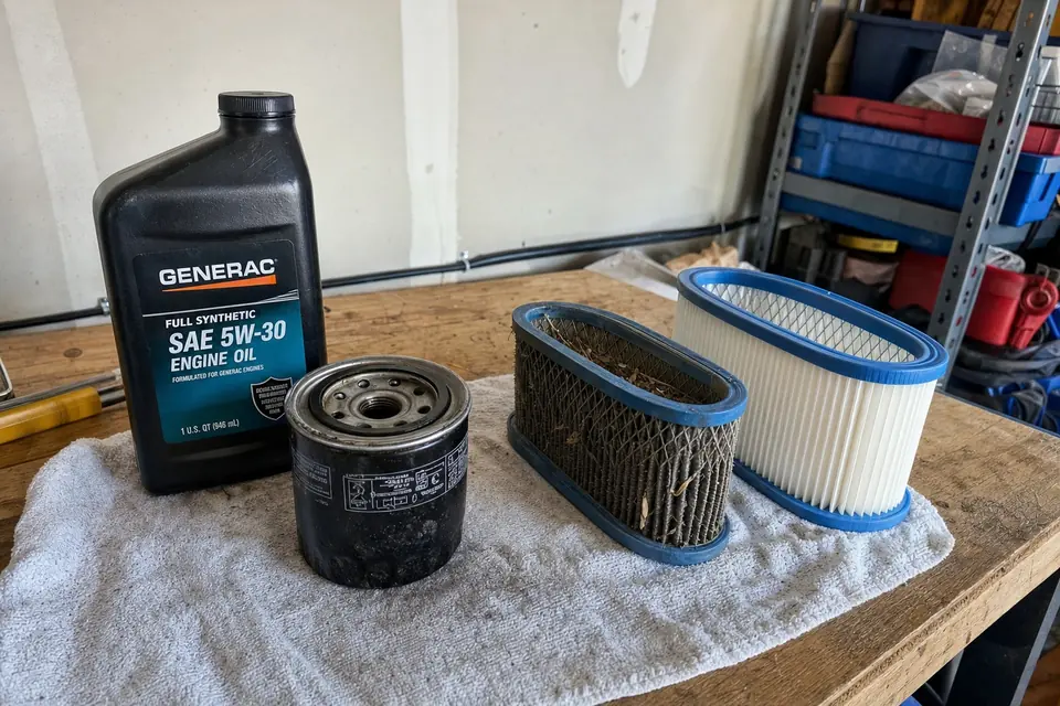 Used and new generator oil filters, air filters and engine oil laid out during generator maintenance in Sunnyvale, TX