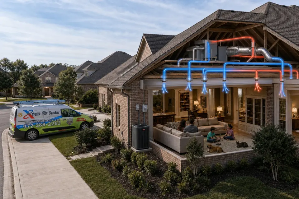 Cutaway of a North Texas home showing clean air flowing from the attic system to a family inside, Xtreme Air Services van out front, Sunnyvale, TX
